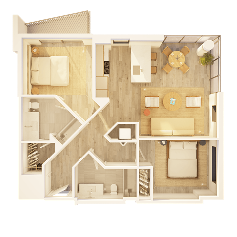 Floor plan for 2 beds, 2 baths, 994 sqft